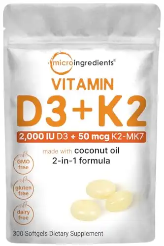 Vitamin D3 2,000 iu Plus K2 (MK-7) 50 mcg, 300 Virgin Coconut Oil Softgels | 2 in 1 Vitamins D & K Complex | Supports Calcium Absorption, Bone, Immune, & Heart Health Easy to Swallow