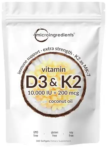 Vitamin D3 10000 iu Plus K2 (MK-7) 200 mcg, 300 Virgin Coconut Oil Softgels| 2 in 1 Vitamins D & K Complex | Supports Calcium Absorption, Bone, Immune, & Heart Health Easy to Swallow