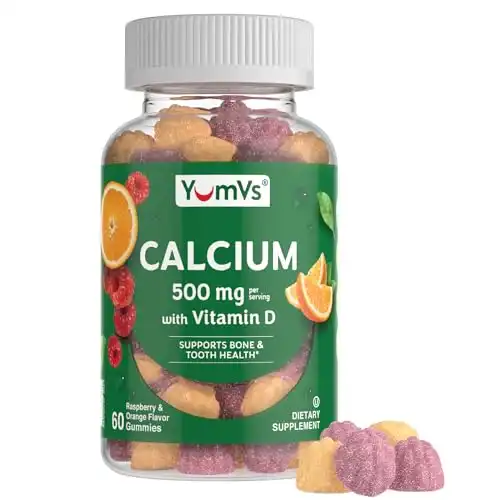 YumVs Calcium 500mg with Vitamin D3 - Raspberry & Orange Flavor Calcium Vitamin D Gummies, Chewable Calcium Supplement for Kids & Adults, Vitamin D Calcium Gummies, Kosher Halal Gluten Free (6...
