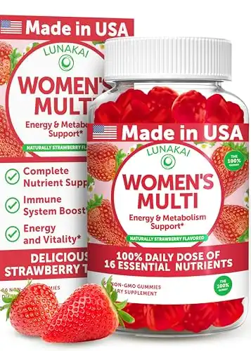 Lunakai USA Made Women s Multivitamin Gummies 100% Daily Dose of 16 Essential Nutrients, Non-GMO, Delicious Strawberry Flavor, 60ct